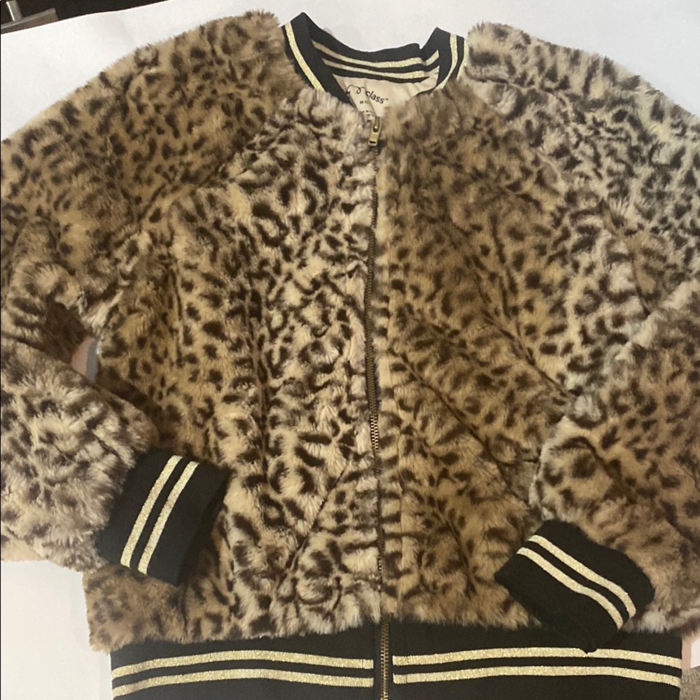 Girls Leopard Print Faux Fur Jacket